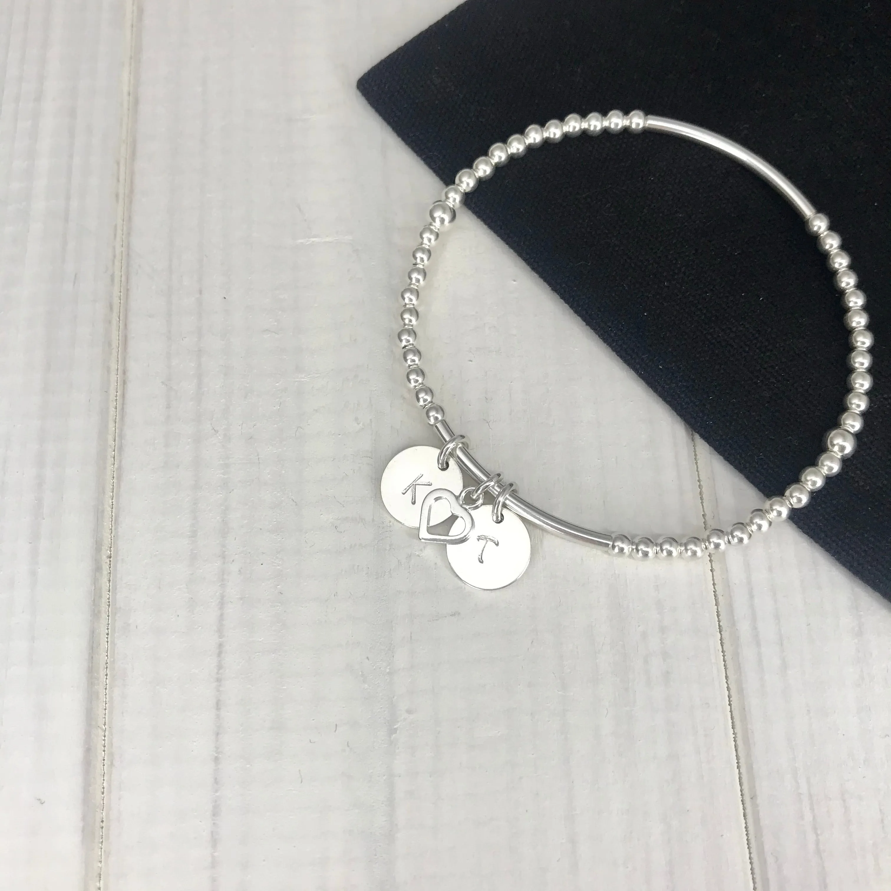 Personalised Silver Initial Disc and Heart Bracelet