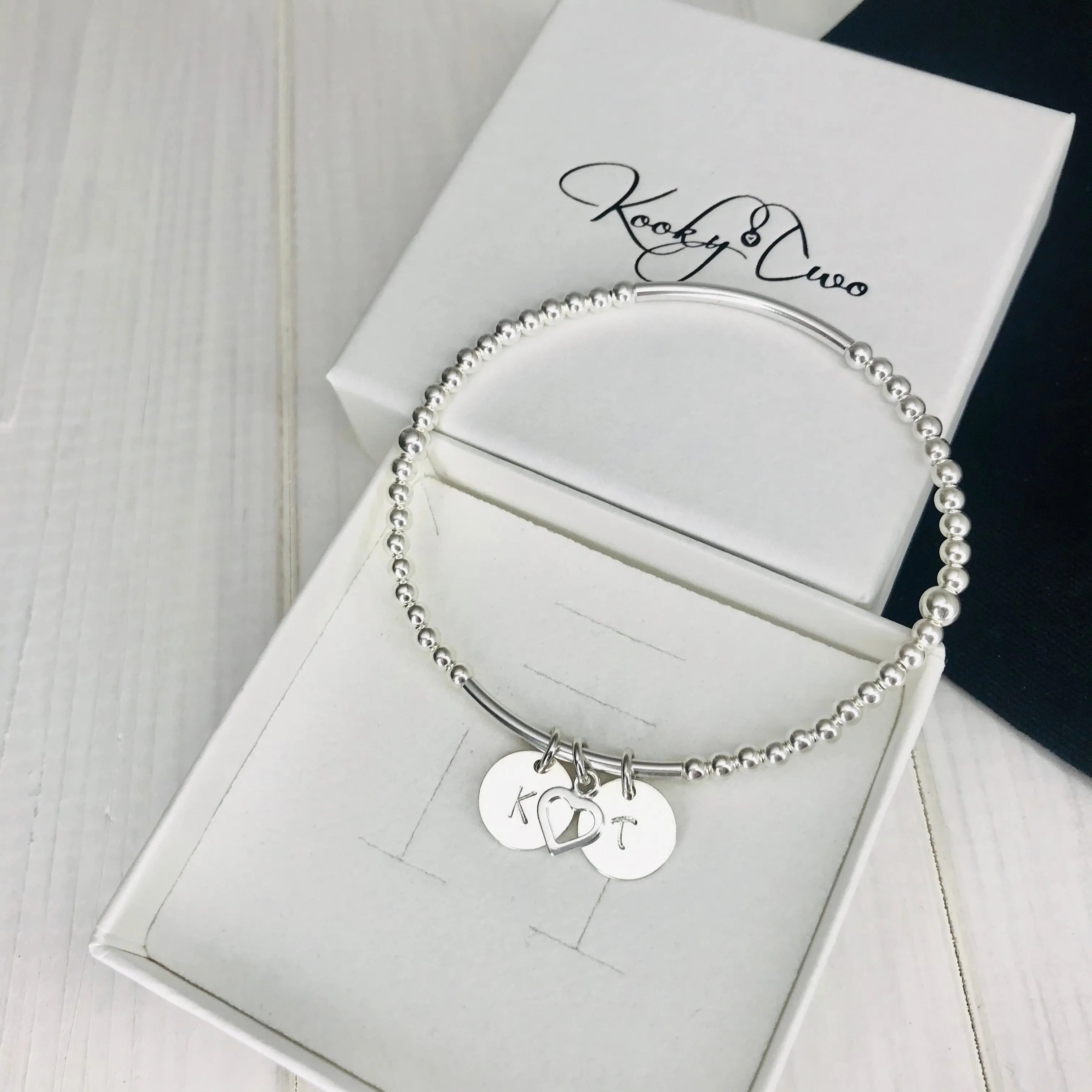 Personalised Silver Initial Disc and Heart Bracelet