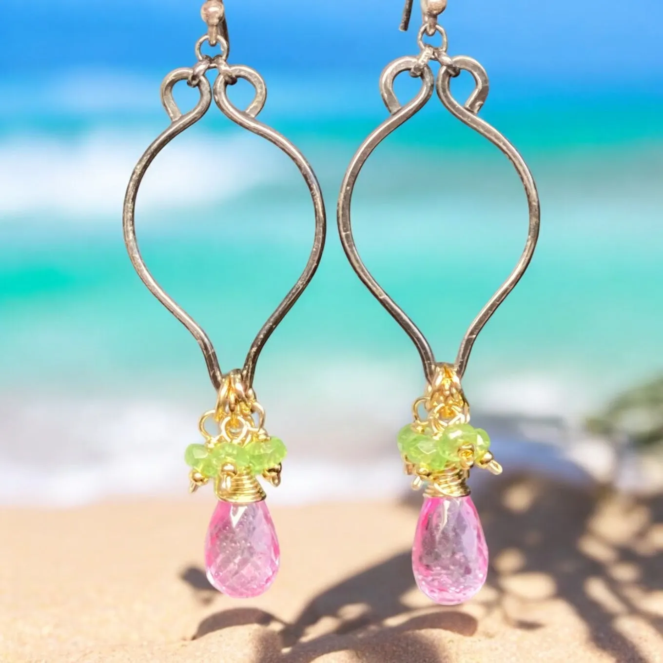 Pink and Green Gemstone Long Dangle Earrings, Mixed Metal, Tsavorite