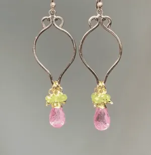 Pink and Green Gemstone Long Dangle Earrings, Mixed Metal, Tsavorite