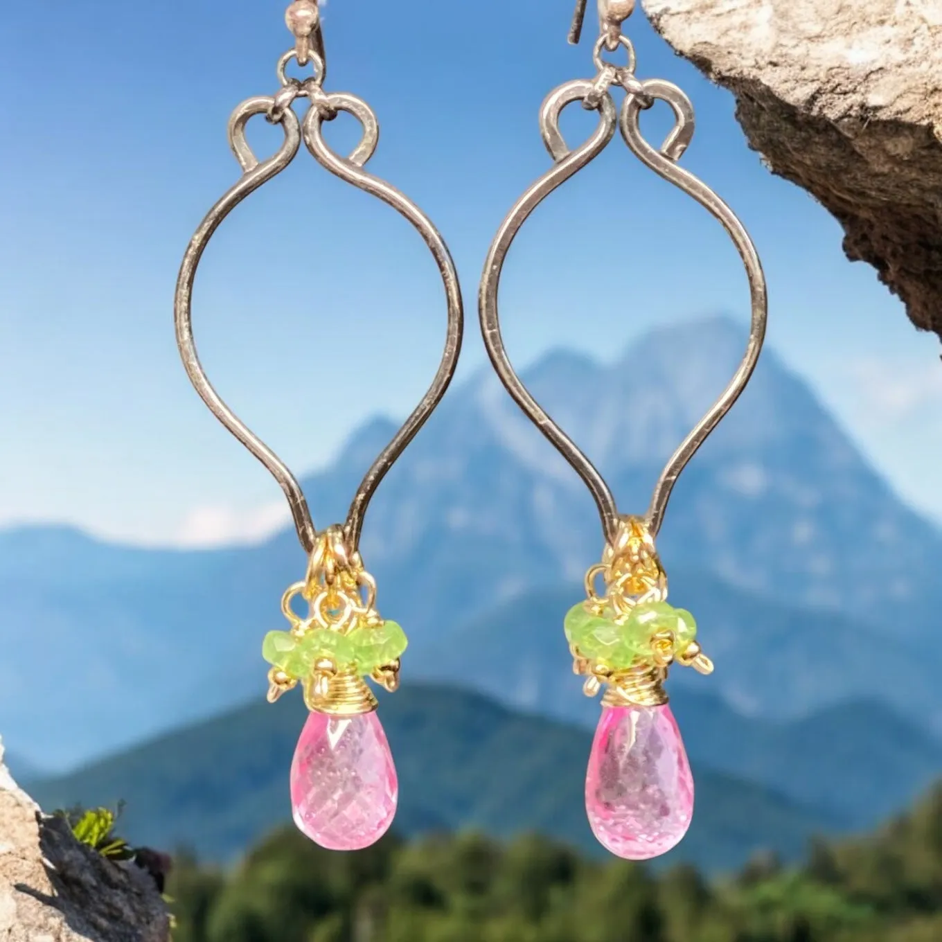 Pink and Green Gemstone Long Dangle Earrings, Mixed Metal, Tsavorite