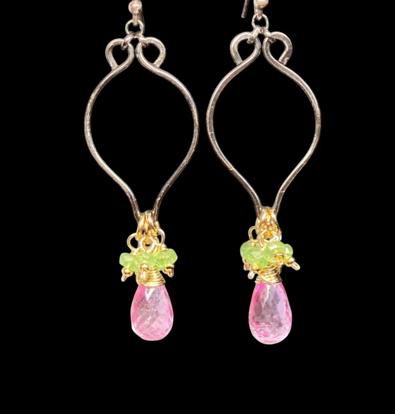 Pink and Green Gemstone Long Dangle Earrings, Mixed Metal, Tsavorite