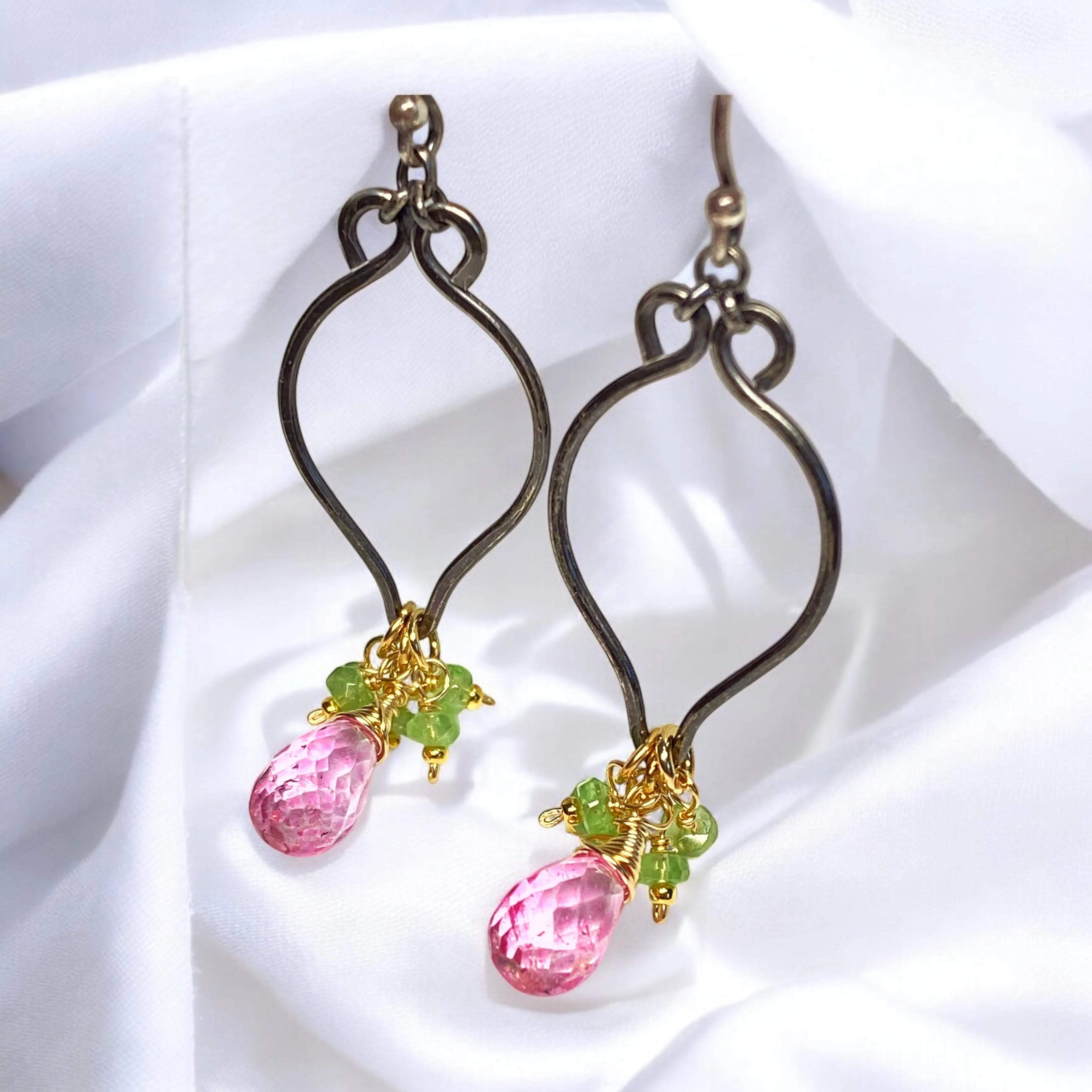 Pink and Green Gemstone Long Dangle Earrings, Mixed Metal, Tsavorite