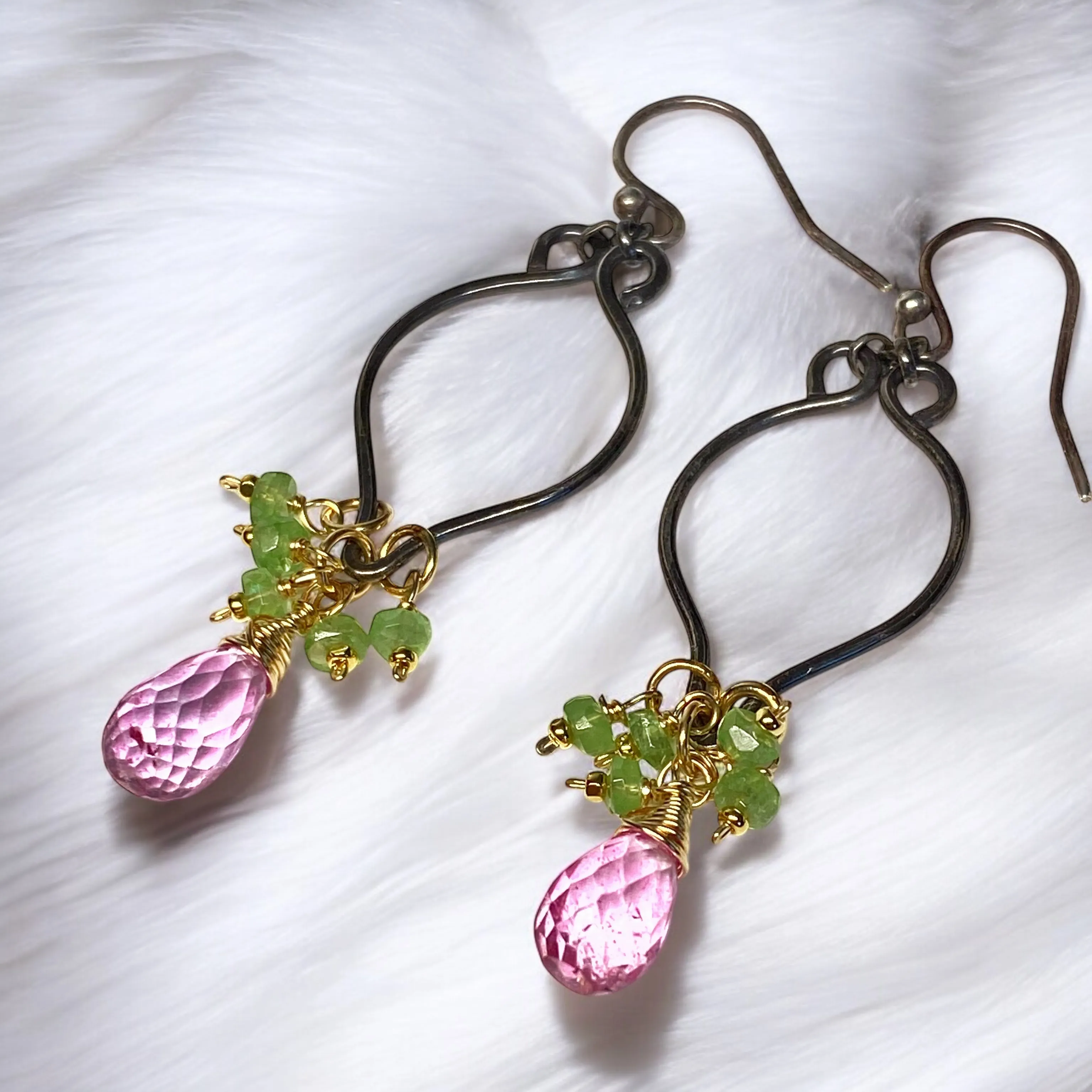 Pink and Green Gemstone Long Dangle Earrings, Mixed Metal, Tsavorite