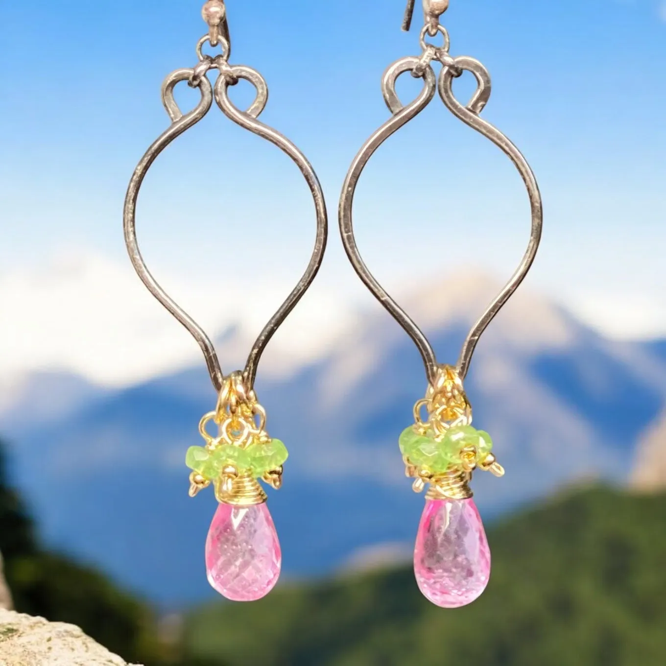 Pink and Green Gemstone Long Dangle Earrings, Mixed Metal, Tsavorite