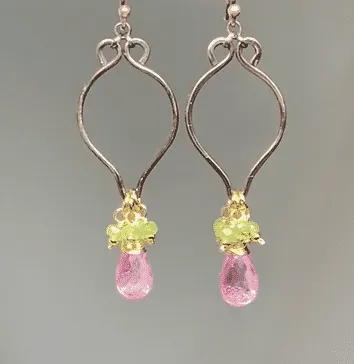 Pink and Green Gemstone Long Dangle Earrings, Mixed Metal, Tsavorite