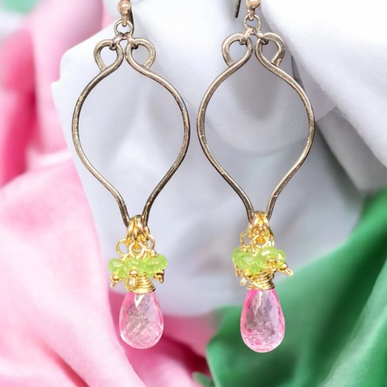 Pink and Green Gemstone Long Dangle Earrings, Mixed Metal, Tsavorite