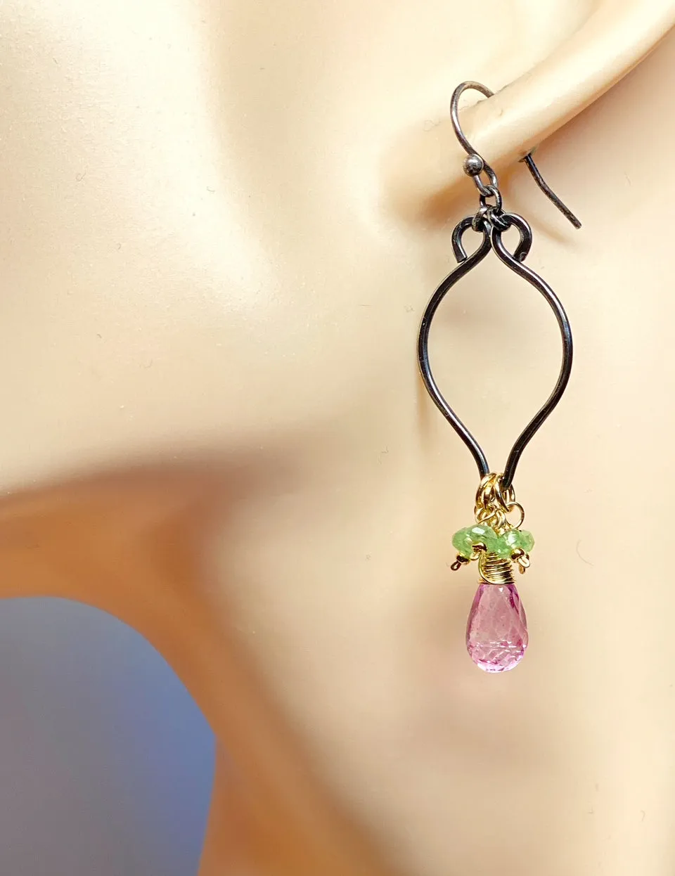 Pink and Green Gemstone Long Dangle Earrings, Mixed Metal, Tsavorite