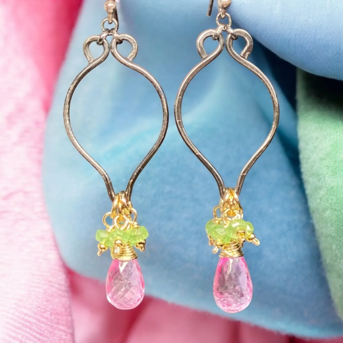 Pink and Green Gemstone Long Dangle Earrings, Mixed Metal, Tsavorite