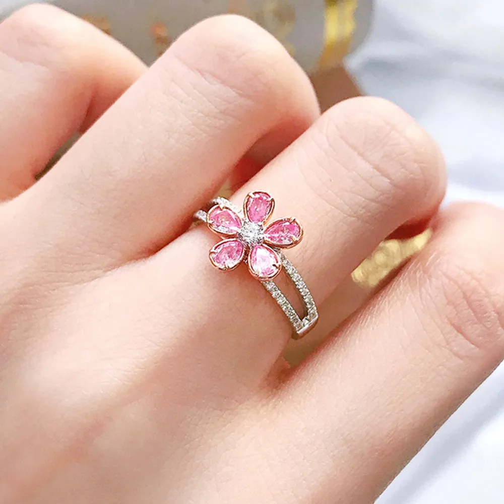Pink Diamond Cluster Flower Double Band Ring
