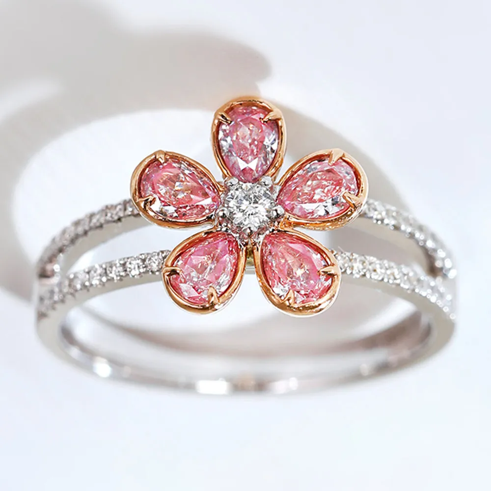 Pink Diamond Cluster Flower Double Band Ring