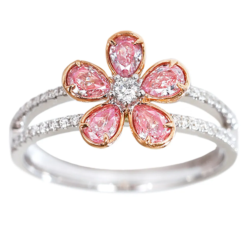 Pink Diamond Cluster Flower Double Band Ring