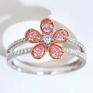 Pink Diamond Cluster Flower Double Band Ring