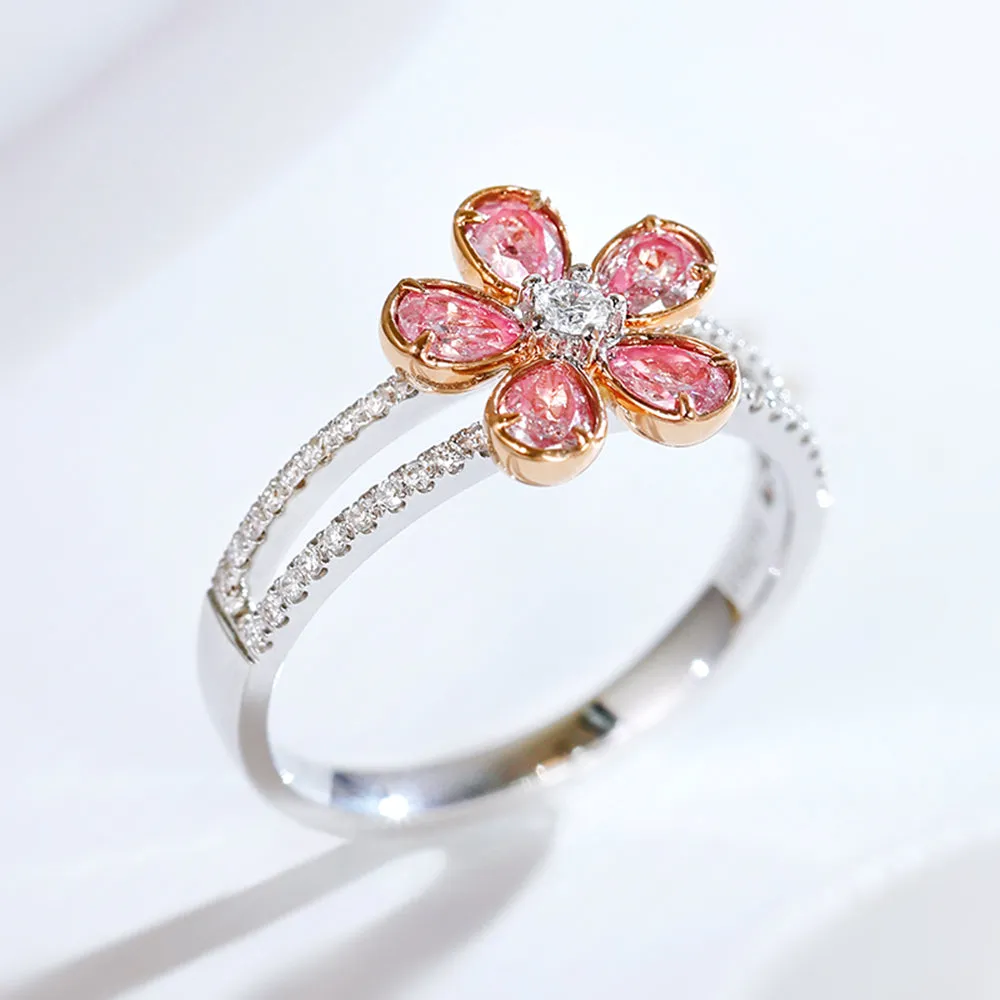 Pink Diamond Cluster Flower Double Band Ring