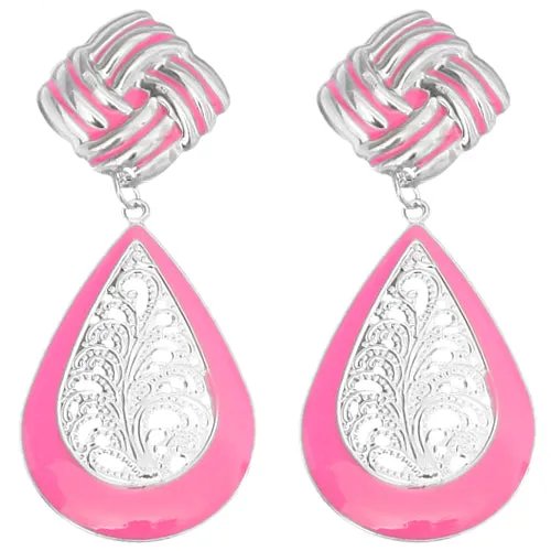 Pink Knot Filigree Teardrop Post Earrings