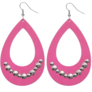 Pink Wooden Large Teardrop Studded Earrings