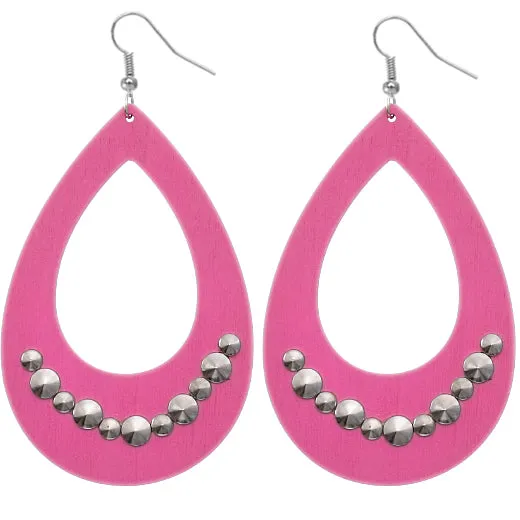 Pink Wooden Large Teardrop Studded Earrings