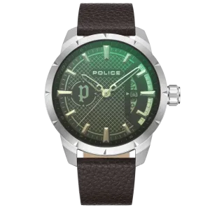 Police Neist Gents Watch with Green & Yellow Glass Black Dial and Brown Leather Strap