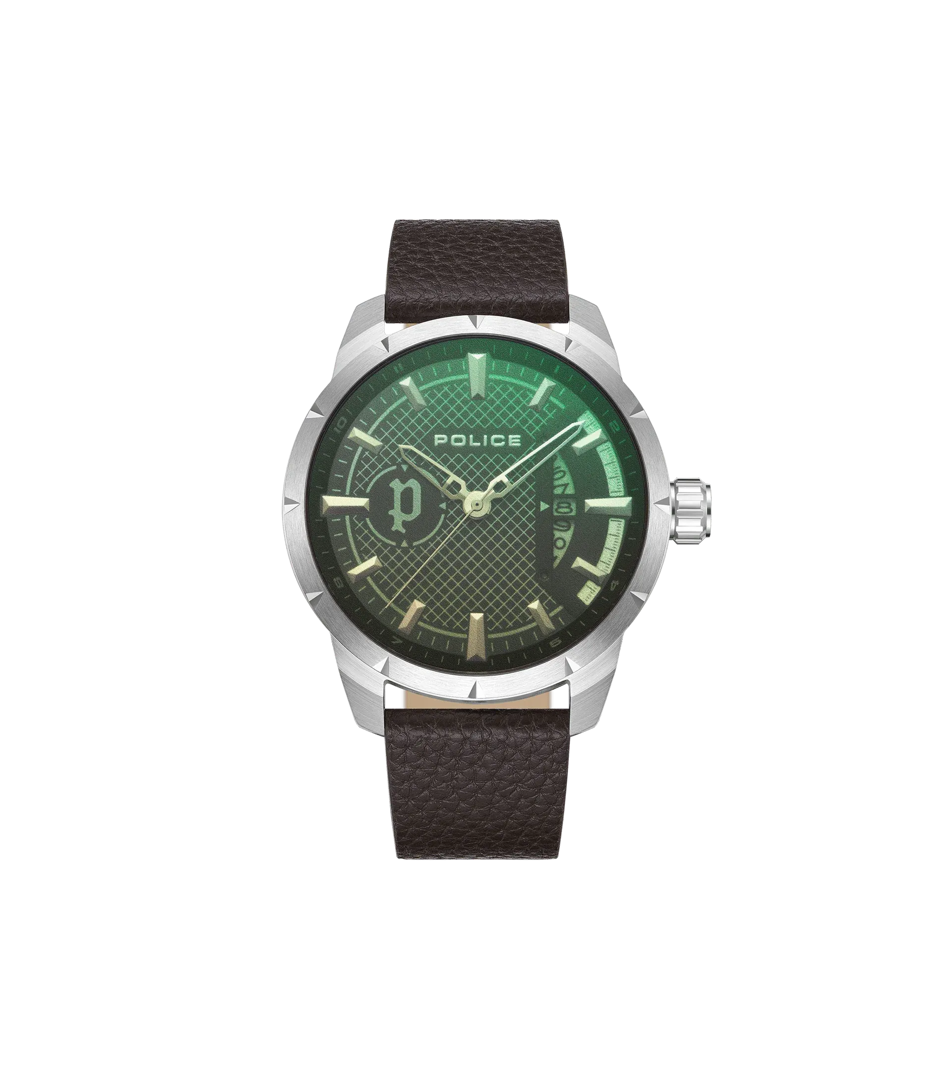 Police Neist Gents Watch with Green & Yellow Glass Black Dial and Brown Leather Strap