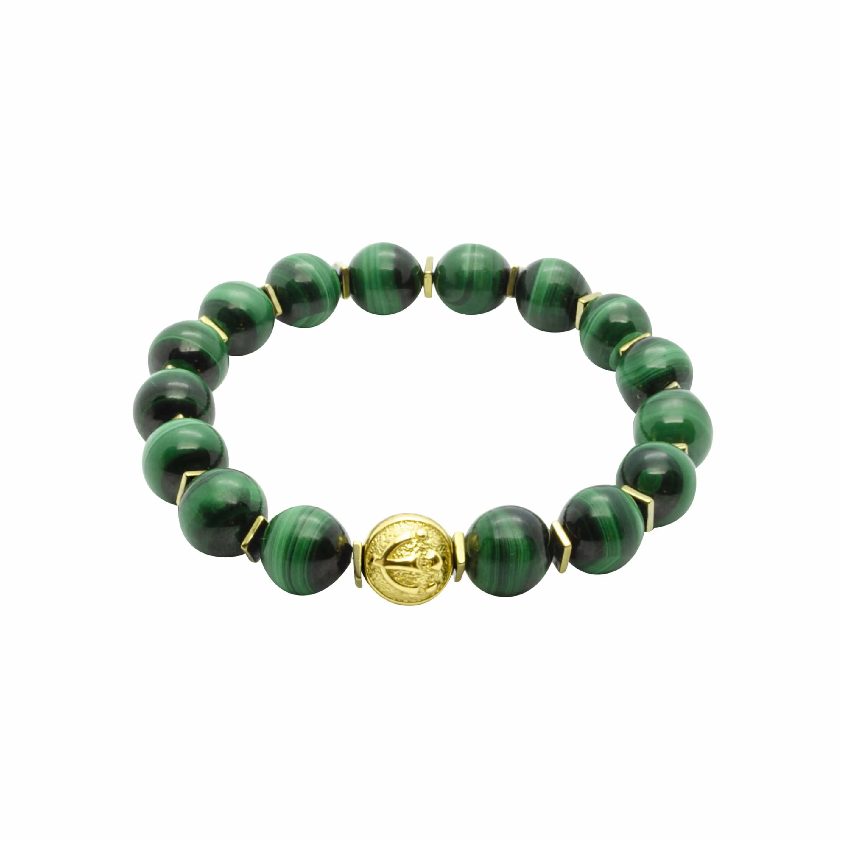 Premium Stretch Green Malachite Stone Bead Bracelet in Gold | 10MM