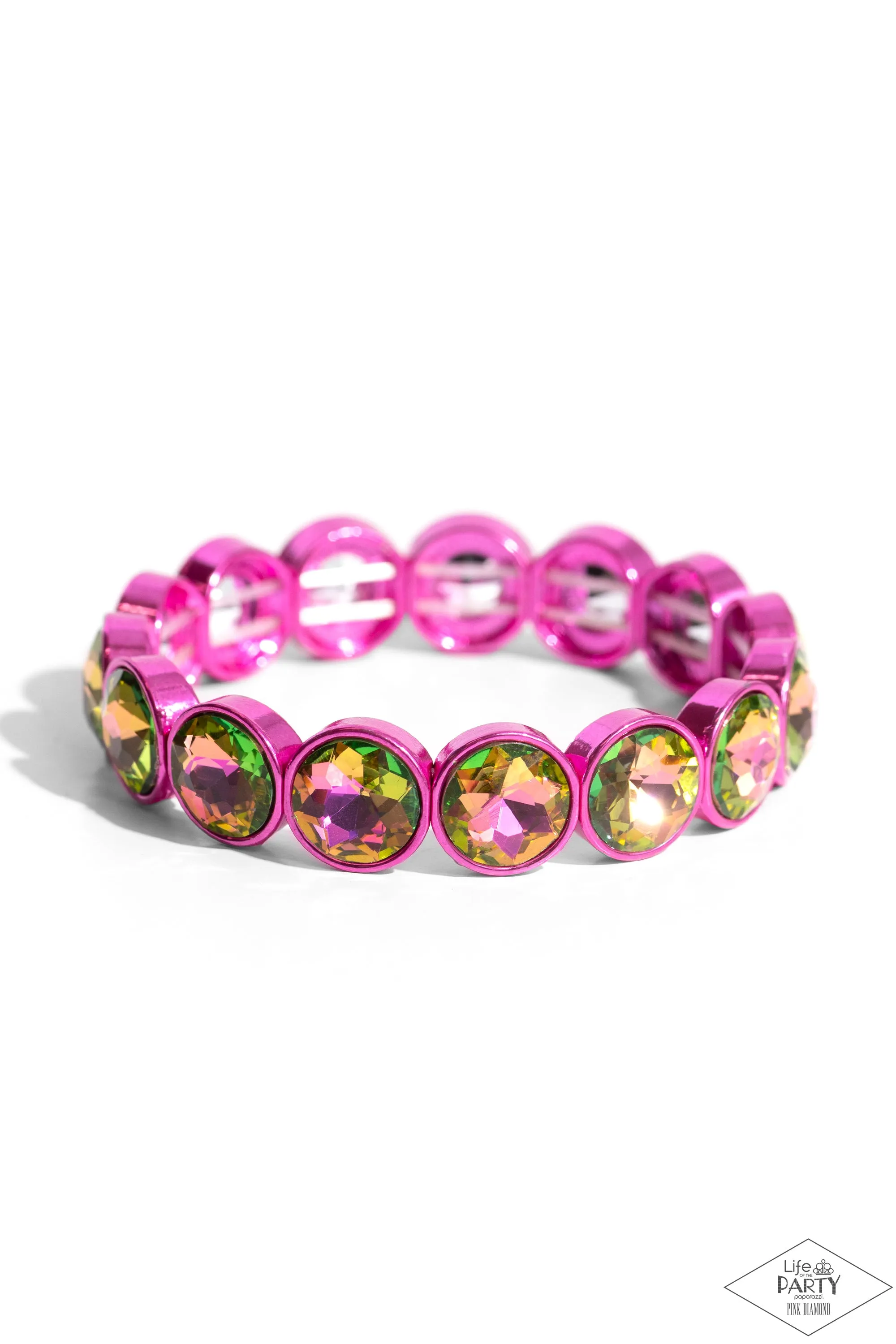 Radiant on Repeat - Pink - Painted Metal Oil Spill Rhinestone Paparazzi Stretchy Bracelet - Pink Diamond Exclusive