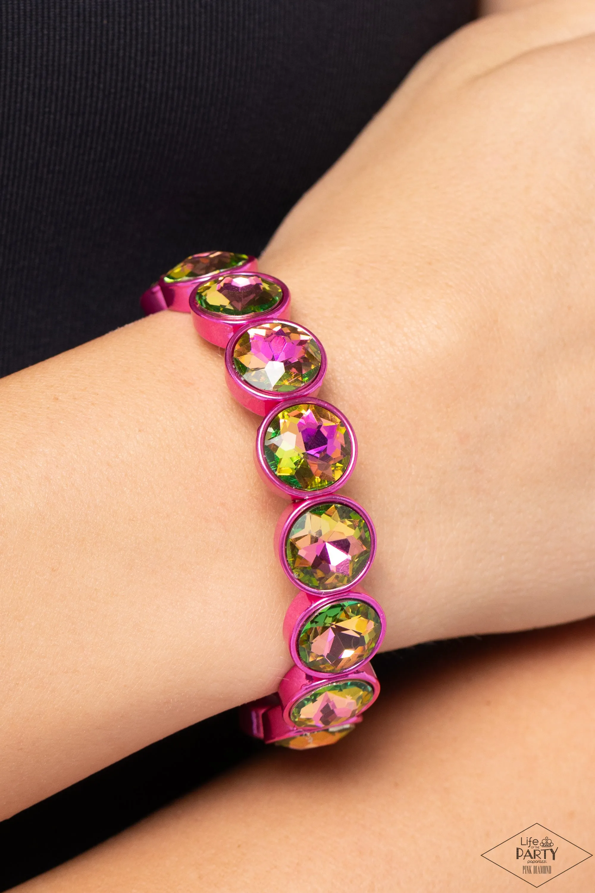 Radiant on Repeat - Pink - Painted Metal Oil Spill Rhinestone Paparazzi Stretchy Bracelet - Pink Diamond Exclusive