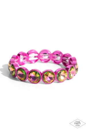 Radiant on Repeat - Pink - Painted Metal Oil Spill Rhinestone Paparazzi Stretchy Bracelet - Pink Diamond Exclusive