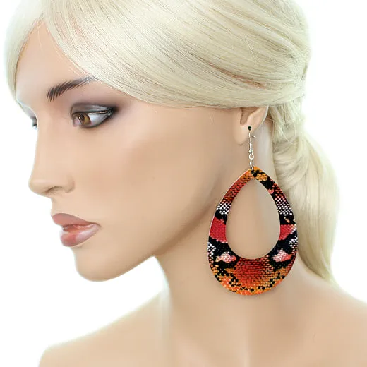 Red Orange Snakeskin Teardrop Earrings