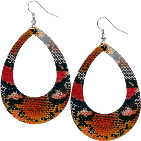 Red Orange Snakeskin Teardrop Earrings