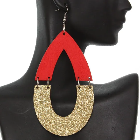 Red Wooden Glitter Link Teardrop Earrings