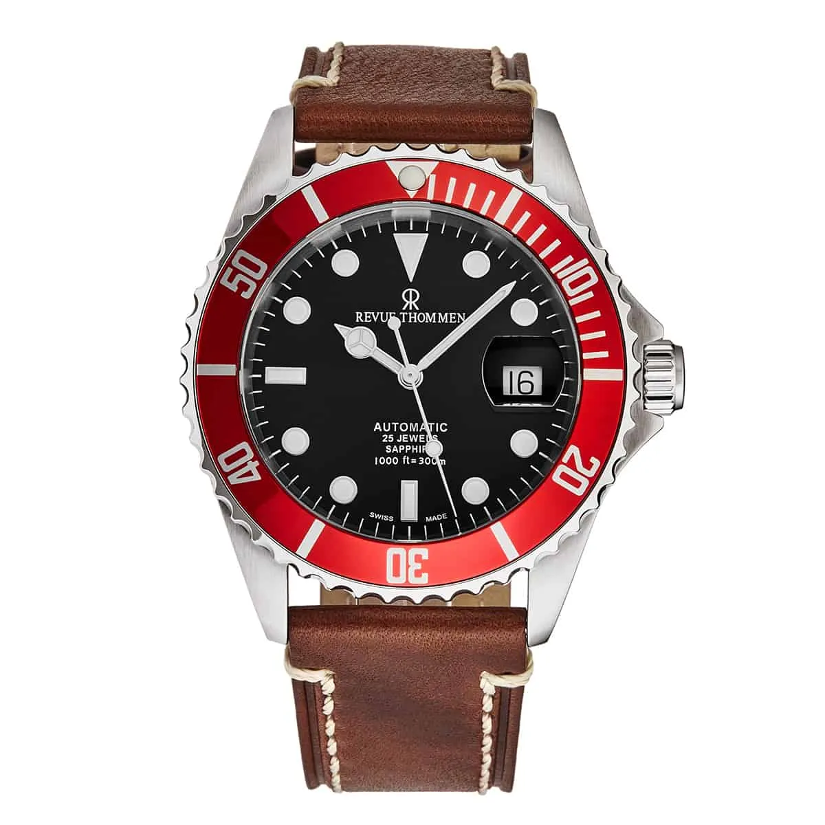 Revue Thommen Men's 17571.2536 'Diver' Black Dial Brown Suede Leather Strap Swiss Automatic Watch