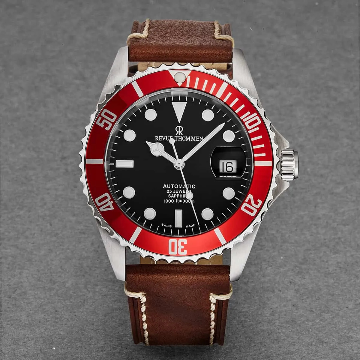 Revue Thommen Men's 17571.2536 'Diver' Black Dial Brown Suede Leather Strap Swiss Automatic Watch
