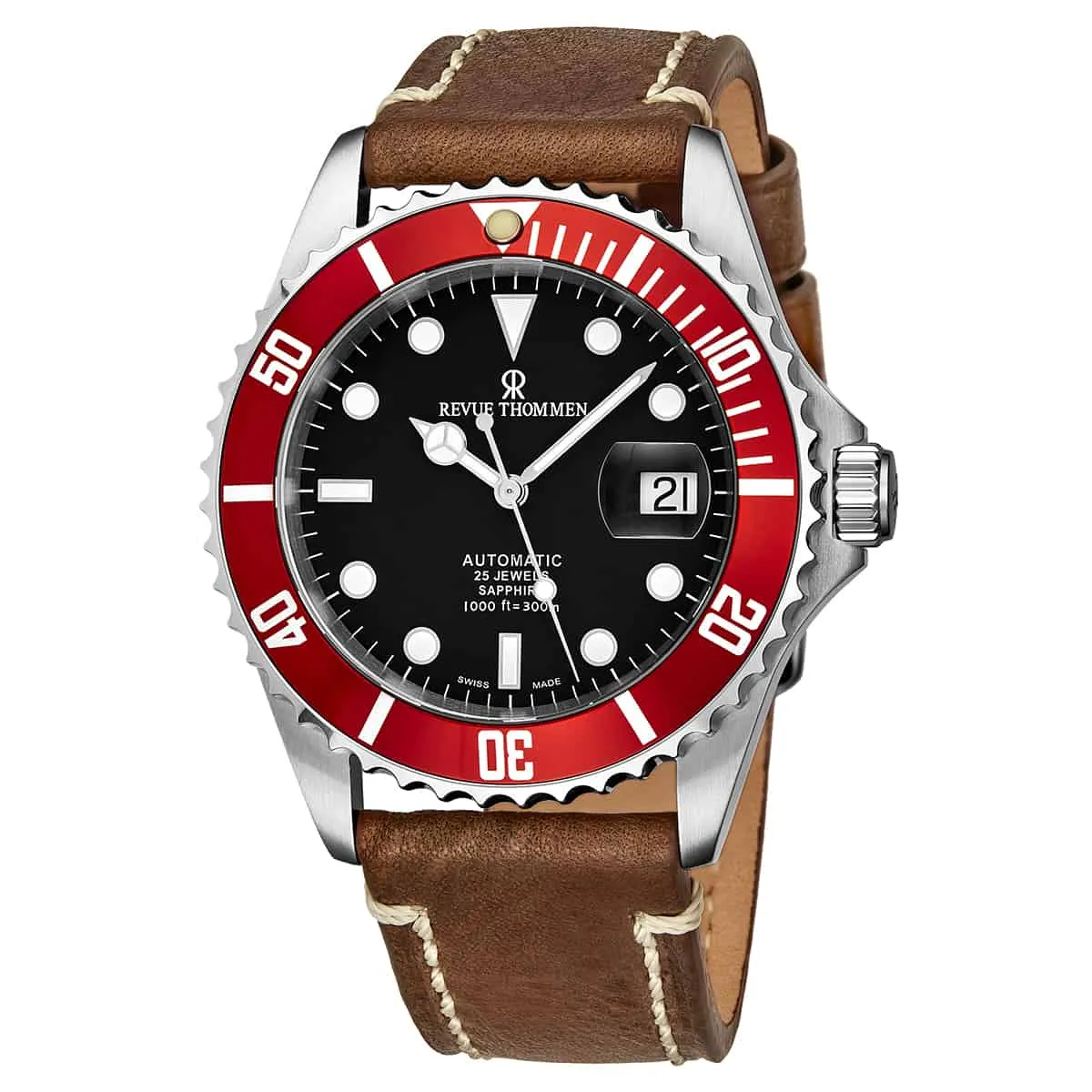 Revue Thommen Men's 17571.2536 'Diver' Black Dial Brown Suede Leather Strap Swiss Automatic Watch