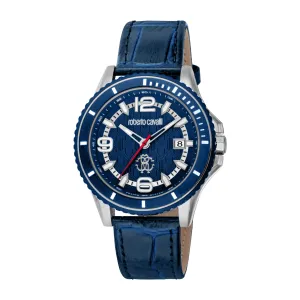 Roberto Cavalli Gents Blue Dial, Silver and Blue Stainless Steel Case, Blue Leather Strap Watch