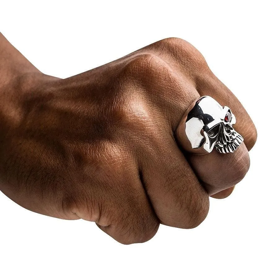 Rocker Red Ruby Eye Sterling Silver Skull Ring