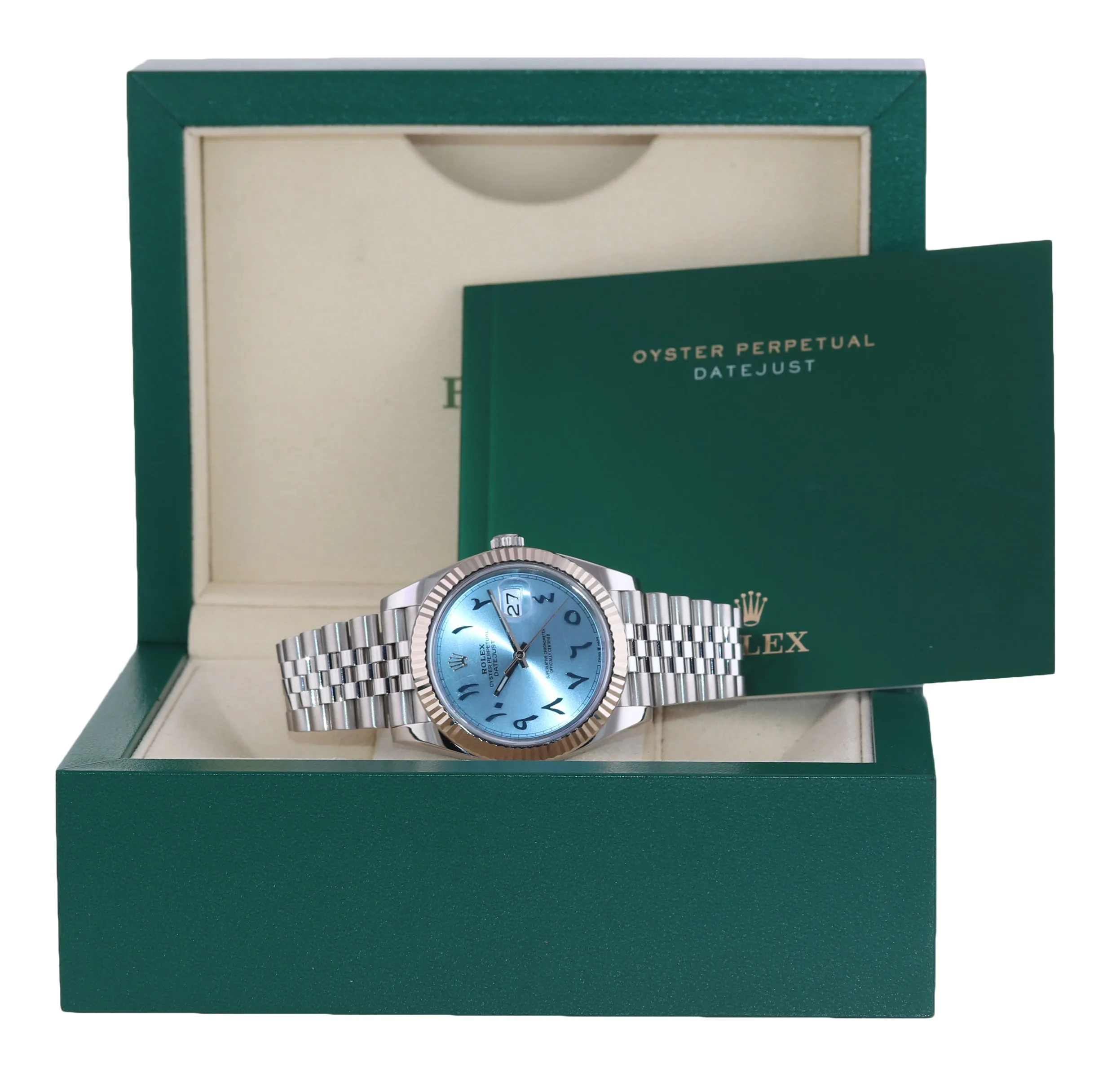 Rolex DateJust 41 126334 Blue Arabic Steel White Gold Fluted Oyster Watch Box