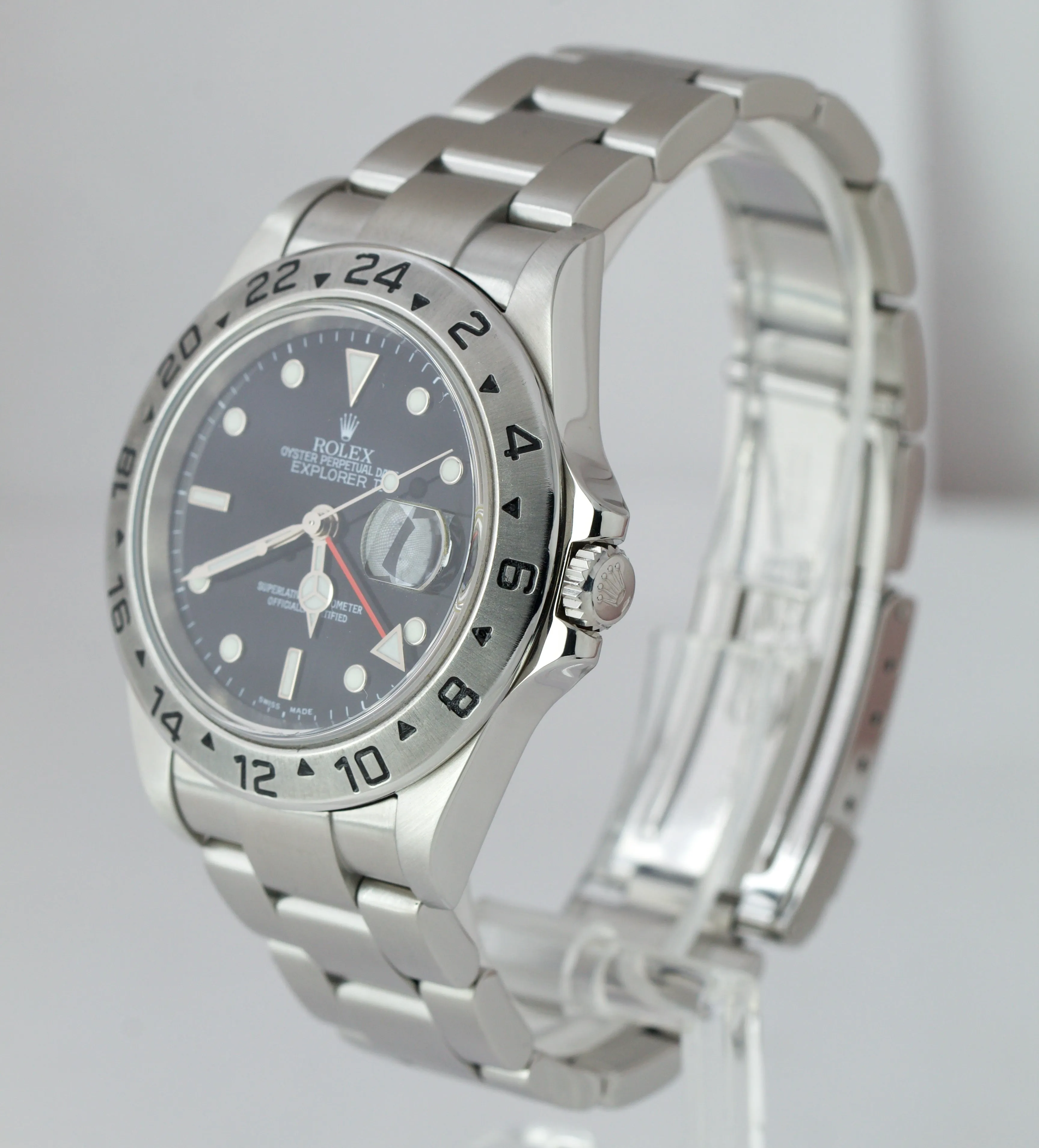 Rolex Explorer II NO-HOLES CASE Stainless Steel Black Date GMT 40mm Watch 16570