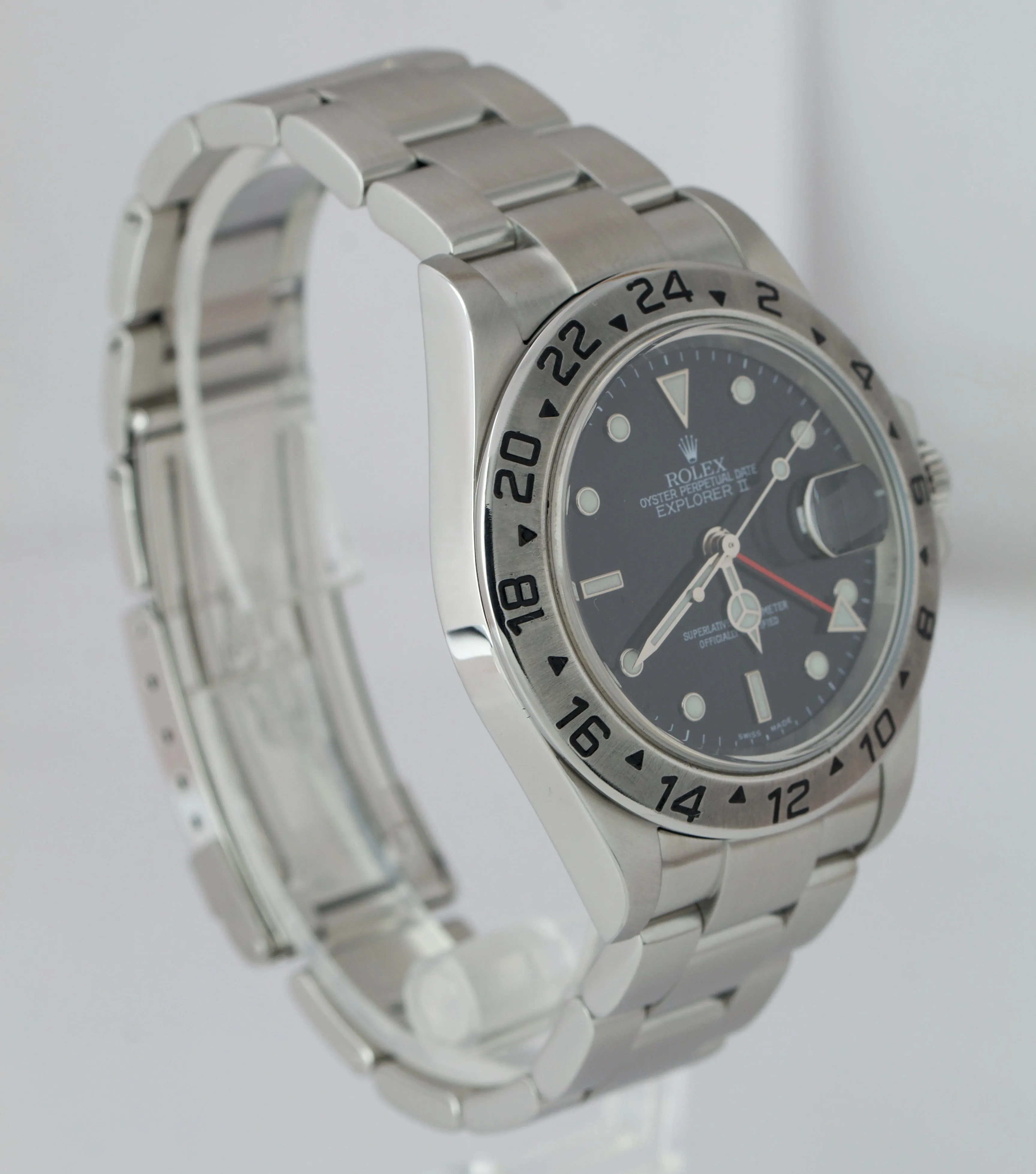 Rolex Explorer II NO-HOLES CASE Stainless Steel Black Date GMT 40mm Watch 16570