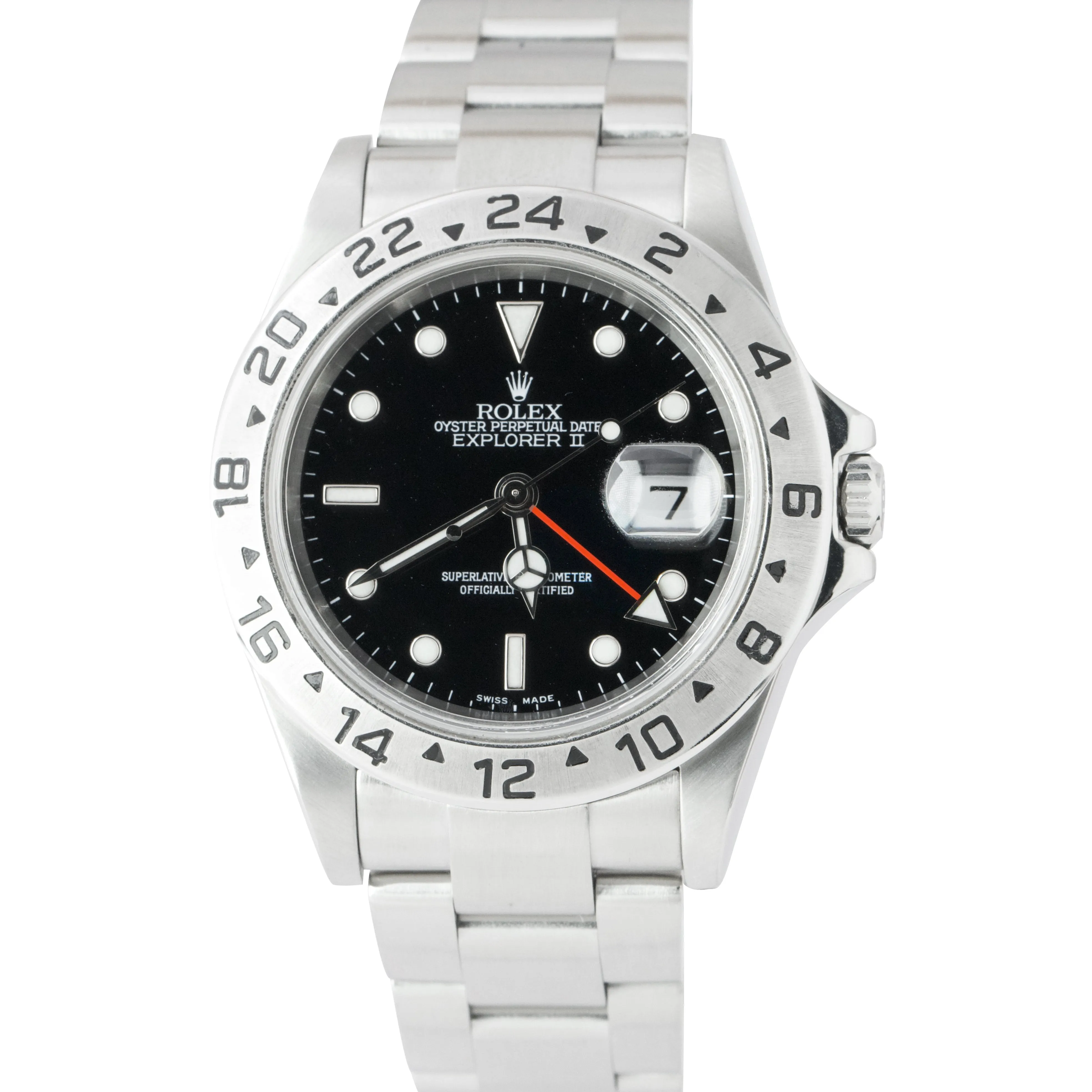 Rolex Explorer II NO-HOLES CASE Stainless Steel Black Date GMT 40mm Watch 16570