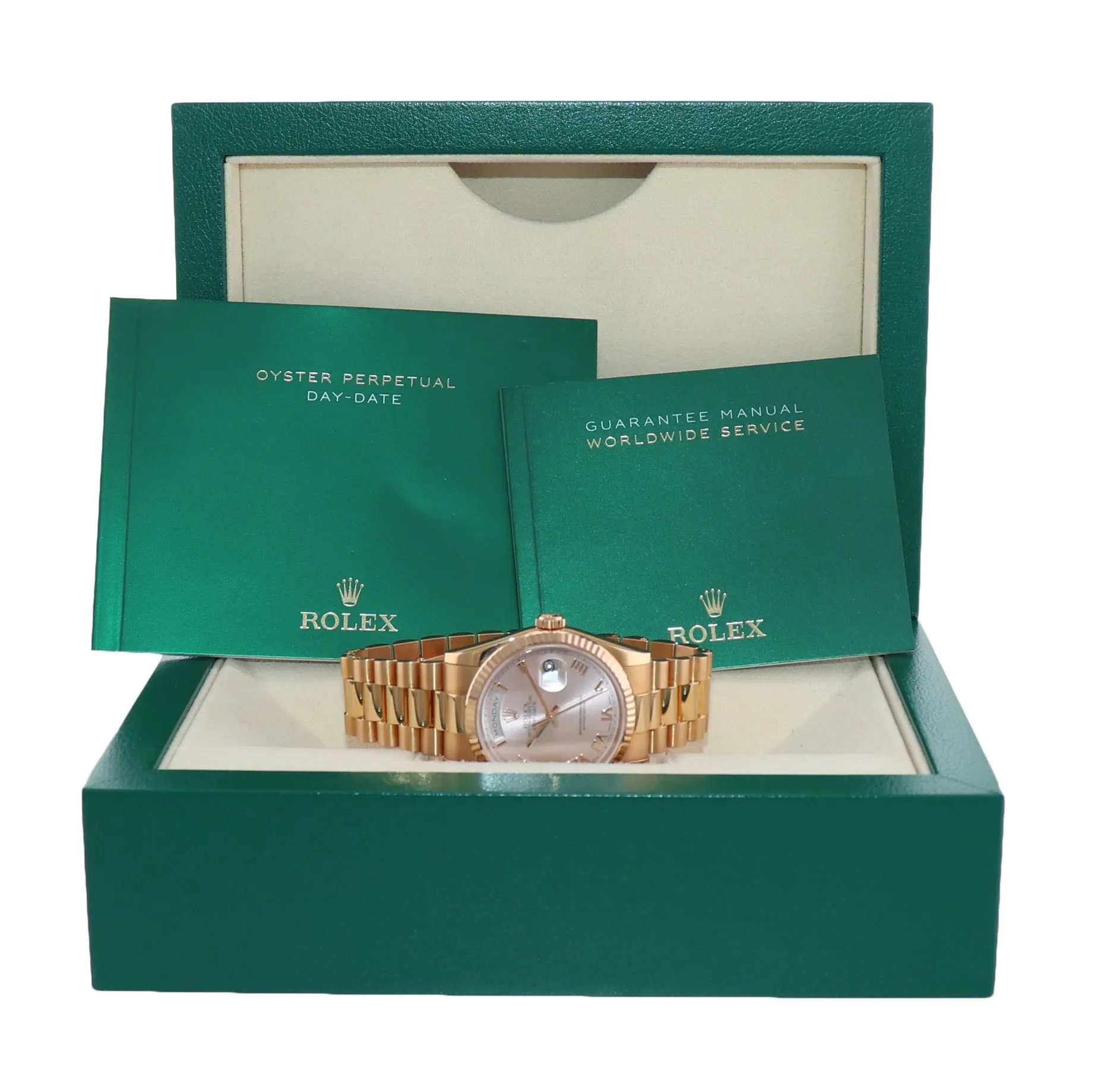 Rolex President Day Date Rose Gold Pink Roman 118235 Modern Band Watch Box