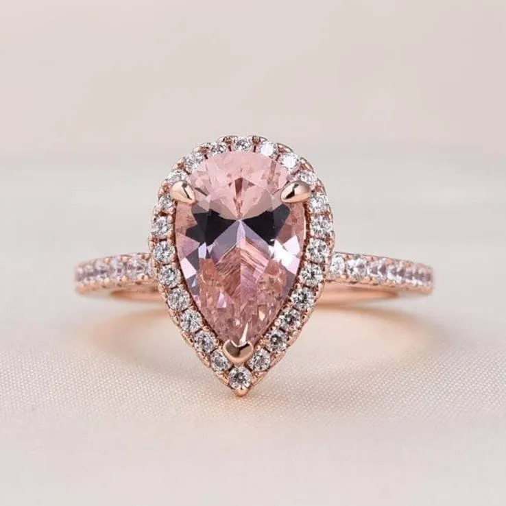 Rose Gold Halo Peachy Pink Simulated Morganite Pear Cut 3pc Ring Set
