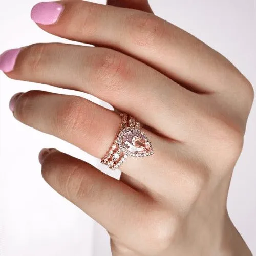 Rose Gold Halo Peachy Pink Simulated Morganite Pear Cut 3pc Ring Set