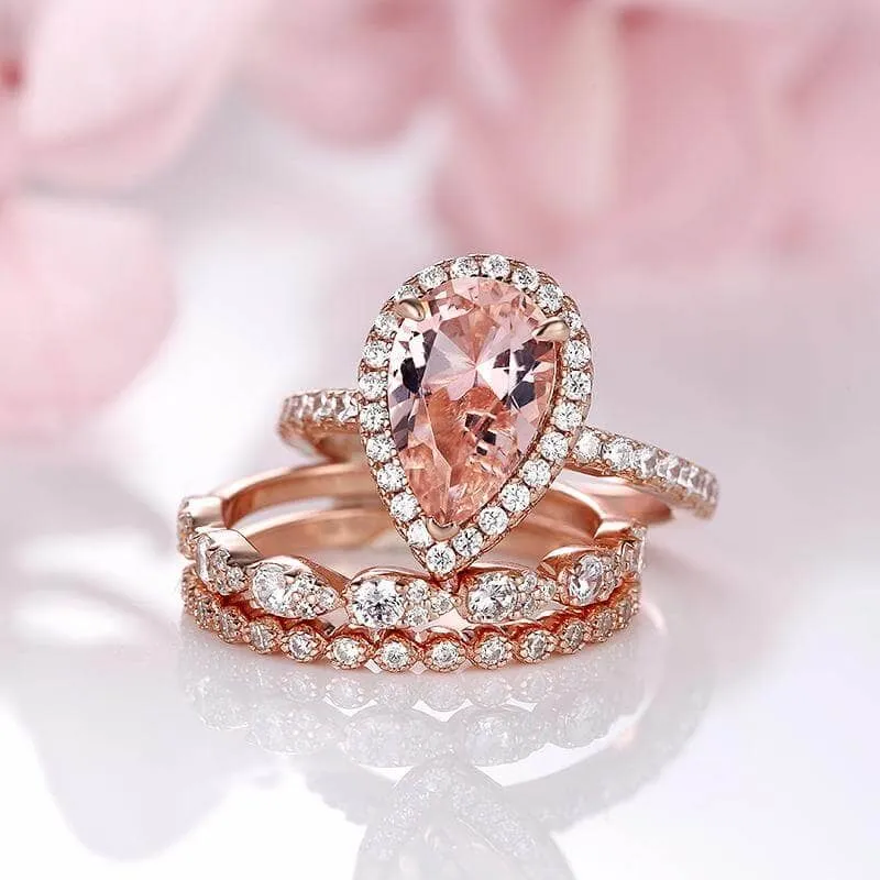 Rose Gold Halo Peachy Pink Simulated Morganite Pear Cut 3pc Ring Set