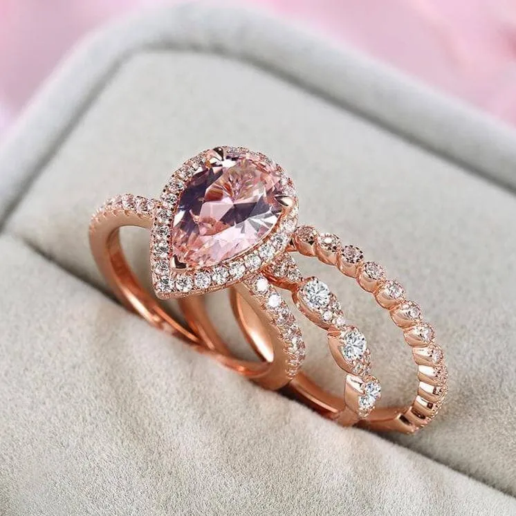 Rose Gold Halo Peachy Pink Simulated Morganite Pear Cut 3pc Ring Set