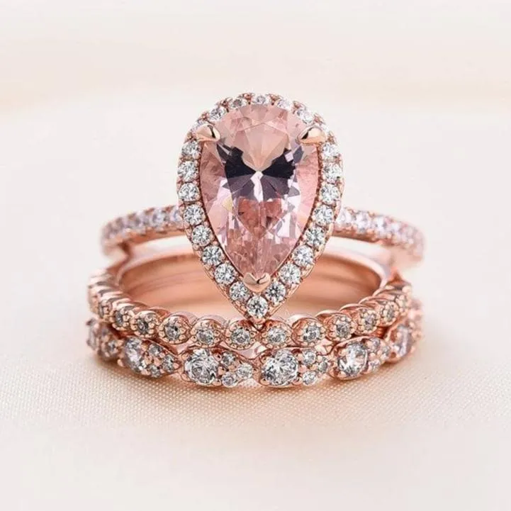 Rose Gold Halo Peachy Pink Simulated Morganite Pear Cut 3pc Ring Set