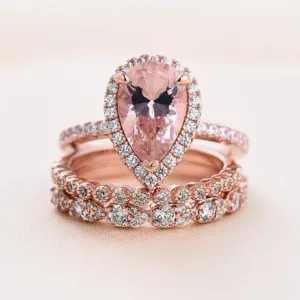 Rose Gold Halo Peachy Pink Simulated Morganite Pear Cut 3pc Ring Set