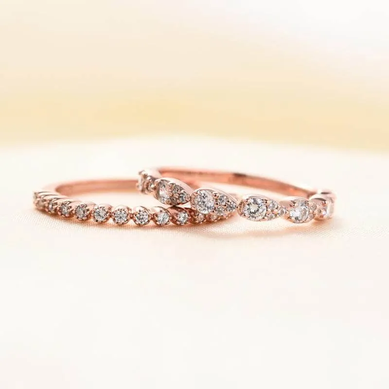 Rose Gold Halo Peachy Pink Simulated Morganite Pear Cut 3pc Ring Set