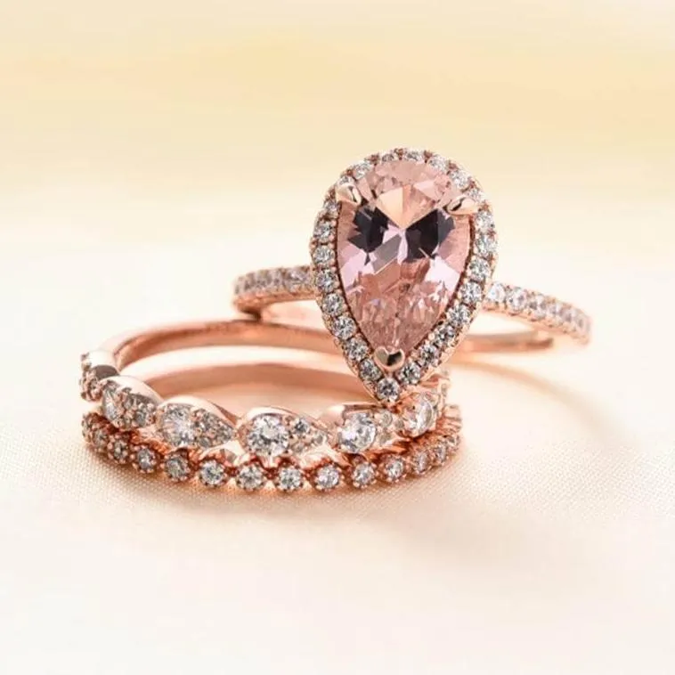 Rose Gold Halo Peachy Pink Simulated Morganite Pear Cut 3pc Ring Set