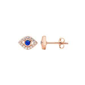 Rose Gold Plated Sterling Silver Evil Eye Earrings with White & Blue Cubic Zirconias E559R