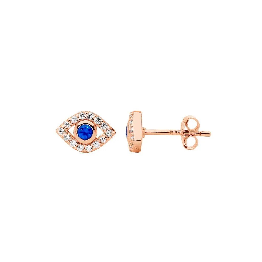 Rose Gold Plated Sterling Silver Evil Eye Earrings with White & Blue Cubic Zirconias E559R